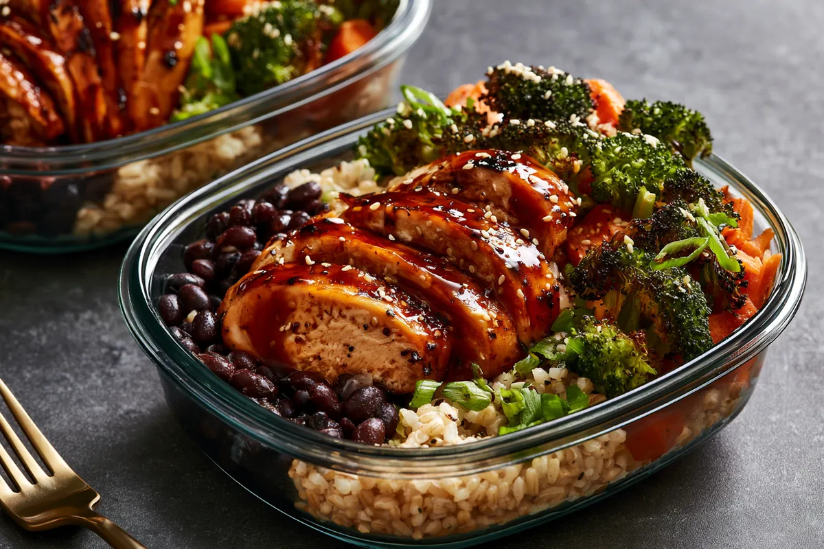 High Fiber Chicken Recipes: Teriyaki Chicken Black Bean Bowls 3 A close serving view of high fiber chicken recipes being assembled in meal-prep bowls, with sliced glazed teriyaki chicken layered over brown rice, black beans, roasted broccoli, carrots, scallions, and sesame seeds