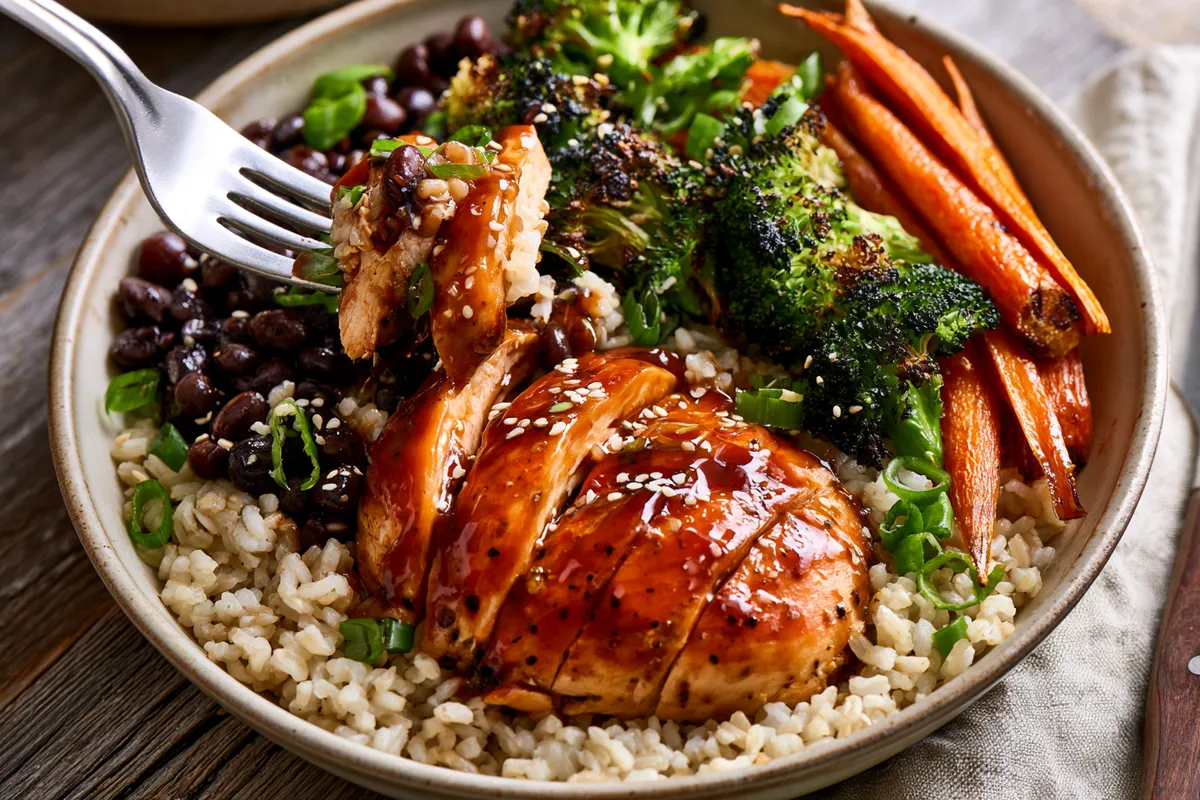 High Fiber Chicken Recipes: Teriyaki Chicken Black Bean Bowls 4 A finished plated serving of high fiber chicken recipes as a teriyaki chicken black bean brown rice bowl on a dinner table, with glossy sliced chicken, roasted broccoli, carrots, scallions, sesame seeds, and a fork lifting one bite