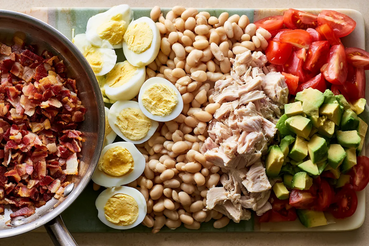 Creamy High Fiber Chicken Salad with White Beans and Avocado 2 A close overhead kitchen photograph of high fiber chicken salad preparation, showing a skillet of crisp chopped bacon beside chopped hard-boiled eggs, rinsed white beans, shredded chicken, diced avocado, and tomatoes arranged on a cutting board