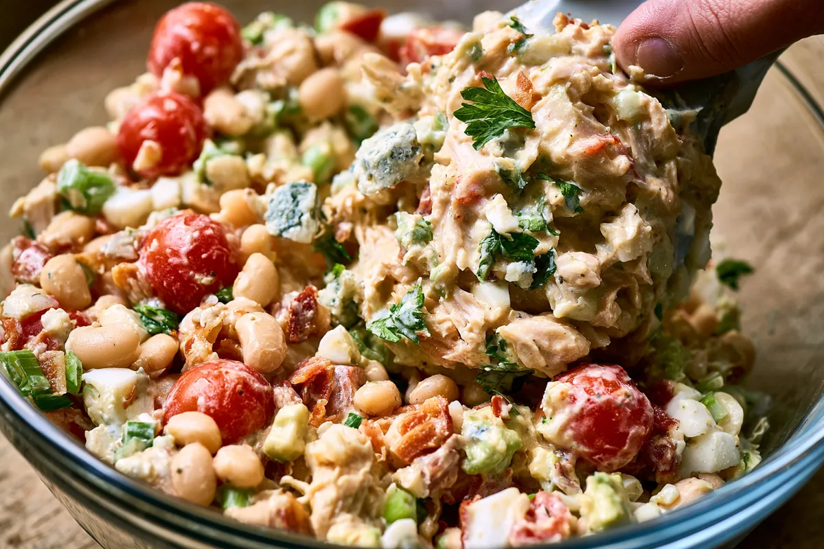 Creamy High Fiber Chicken Salad with White Beans and Avocado 3 A close-up photograph of high fiber chicken salad being gently folded in a large glass mixing bowl, with creamy dressing coating shredded chicken, cannellini beans, tomatoes, chopped egg, bacon, scallions, parsley, and blue cheese