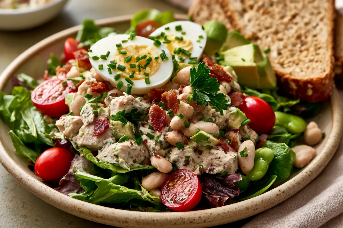 Creamy High Fiber Chicken Salad with White Beans and Avocado 4 A side-angle serving photograph of high fiber chicken salad spooned over crisp mixed greens on a ceramic plate, topped with bacon, sliced hard-boiled egg, chives, parsley, avocado, white beans, and grape tomatoes, with whole-grain toast alongside