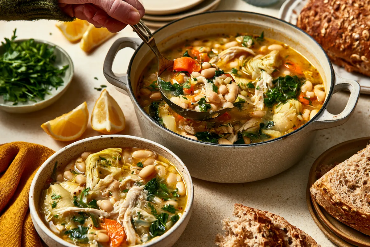 High Fiber Chicken Soup with White Beans and Artichokes 4 A cozy dinner table scene with high fiber chicken soup being ladled from a Dutch oven into a bowl, with white beans, shredded chicken, artichoke hearts, spinach, carrots, parsley, lemon wedges, and whole-grain bread visible