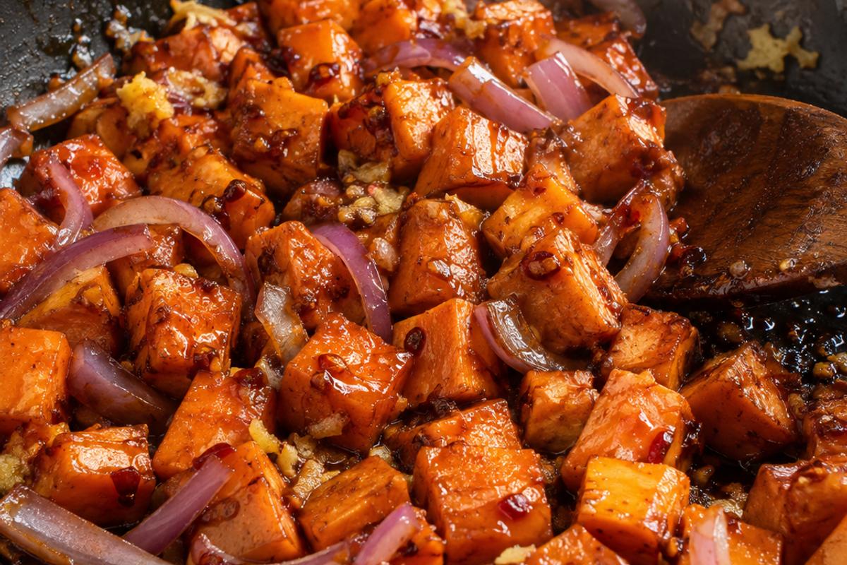 Honey Chili Salmon High Protein and Fiber Dinner Bowls 2 Close-up skillet view of high protein and fiber dinner bowls in progress, showing tender cubed sweet potatoes coated in a shiny honey chili glaze with softened red onion and fresh ginger