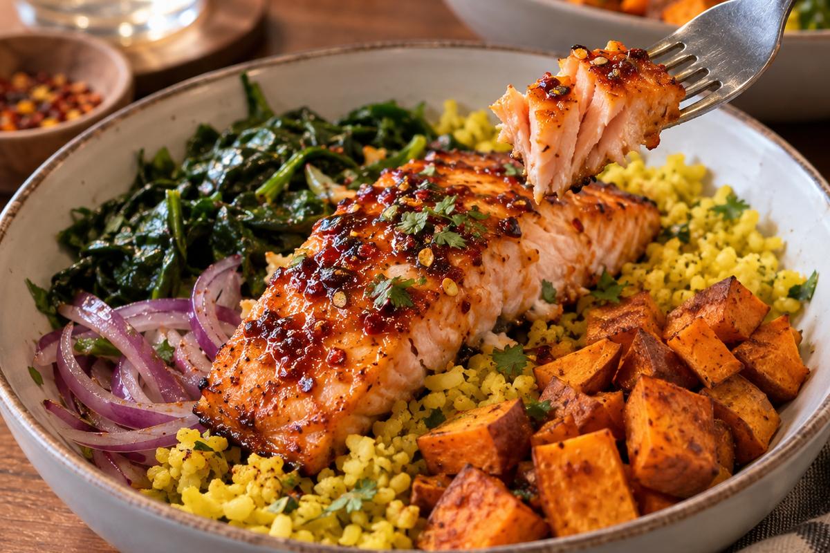 Honey Chili Salmon High Protein and Fiber Dinner Bowls 4 A warmly lit table-level serving image of high protein and fiber dinner bowls, with a fork lifting flaky honey chili salmon above turmeric cauliflower rice, sweet potatoes, spinach, and red onion