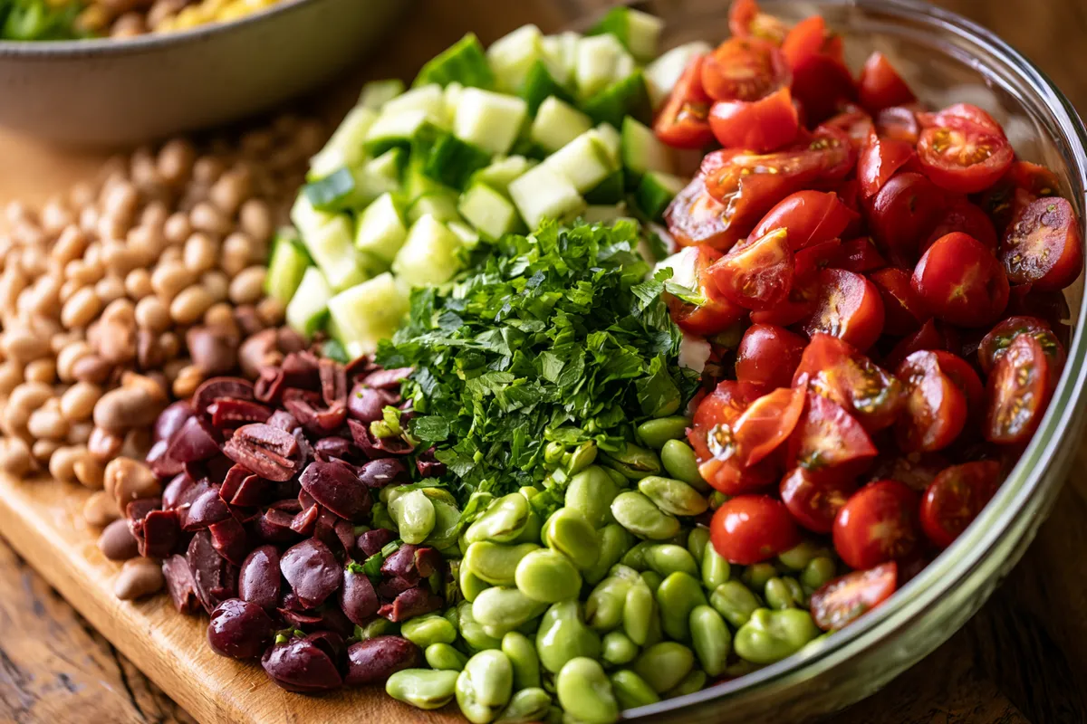 High Protein Bean Salad Meal Prep with Edamame and Feta 2 Close-up preparation scene for high protein bean salad meal prep with diced cucumber, quartered cherry tomatoes, chopped parsley, kalamata olives, rinsed beans, and cooled edamame arranged on a cutting board beside a large mixing bowl
