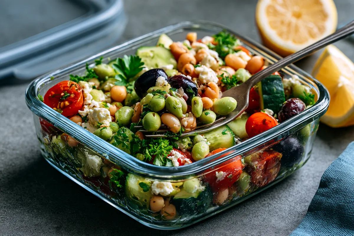 High Protein Bean Salad Meal Prep with Edamame and Feta 4 Finished high protein bean salad meal prep served cold from an open glass lunch container on a table, with a fork lifting beans, edamame, feta, cucumber, tomatoes, olives, and parsley beside lemon wedges