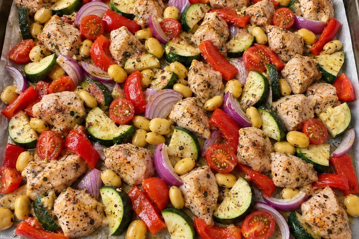 High protein high fiber low carb dinner ingredients on a parchment-lined sheet pan before roasting: seasoned chicken chunks, zucchini half-moons, red pepper, red onion, halved cherry tomatoes, and lupini beans spread in one even layer