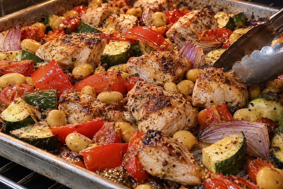 A high protein high fiber low carb dinner halfway through roasting on a sheet pan, with browned chicken bites being turned among softened zucchini, red peppers, onions, tomatoes, and lupini beans