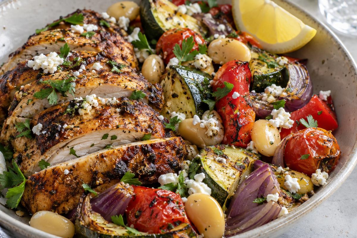 A plated high protein high fiber low carb dinner served in a shallow bowl, featuring roasted smoky chicken, zucchini, red peppers, red onions, cherry tomatoes, and lupini beans with feta, parsley, and a lemon wedge, side-angle natural light