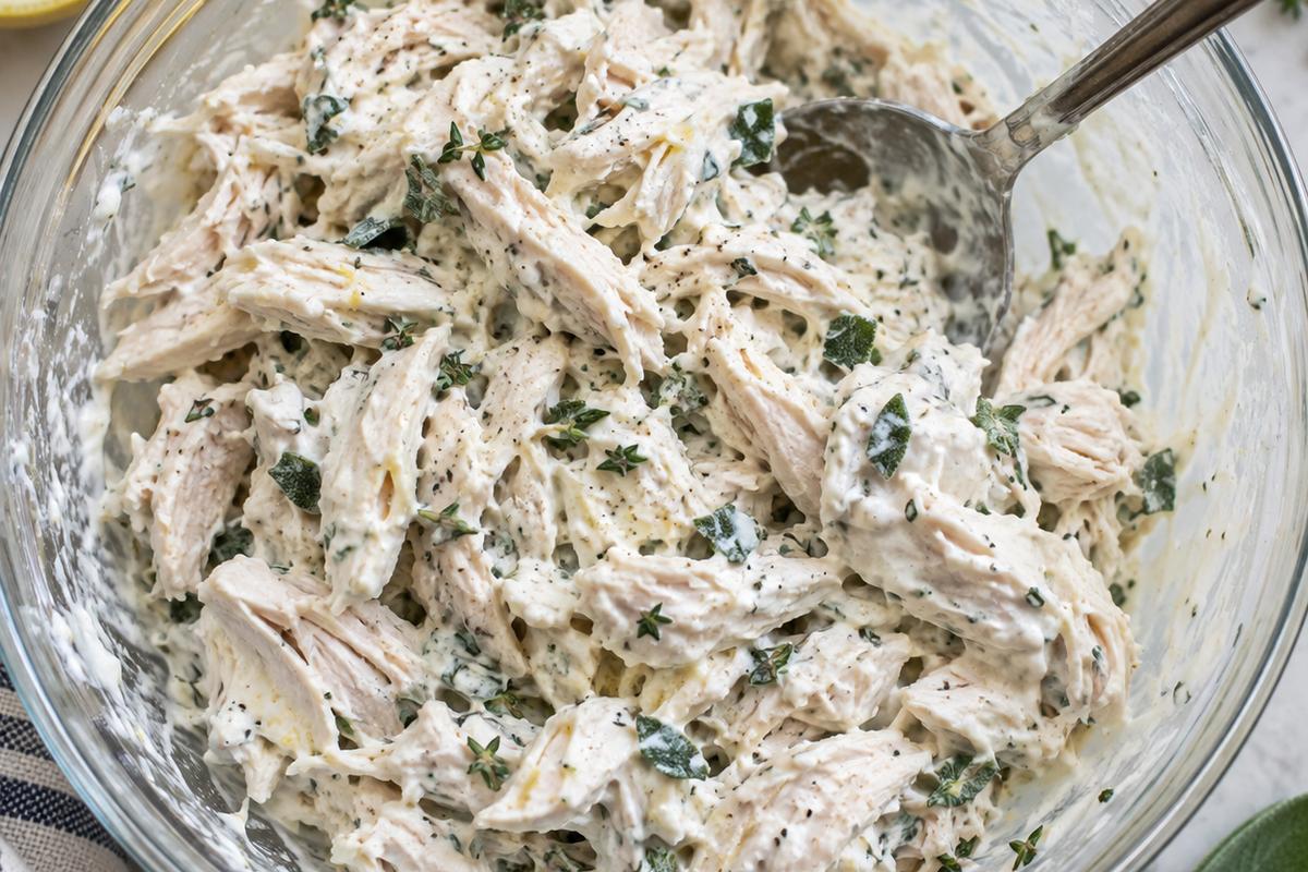 A close overhead preparation view of high protein low carb lunch salad in a glass mixing bowl, showing drained chicken coated in creamy Greek yogurt with lemon juice, thyme, and sage being stirred with a spoon