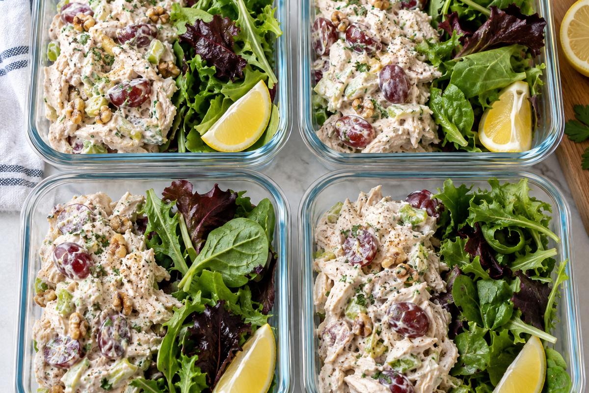 A meal-prep view of high protein low carb lunch salad divided into four glass containers, with creamy chicken grape salad beside crisp mixed greens and lemon wedges