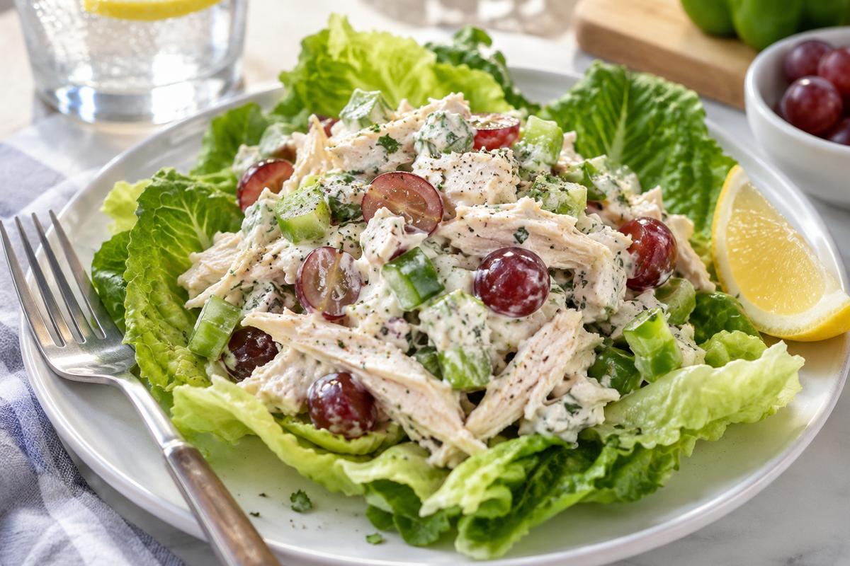 A high protein low carb lunch salad plated for serving, with creamy chicken salad spooned over crisp romaine leaves, scattered red grape halves and green bell pepper, a lemon wedge, and a fork on a light lunch table