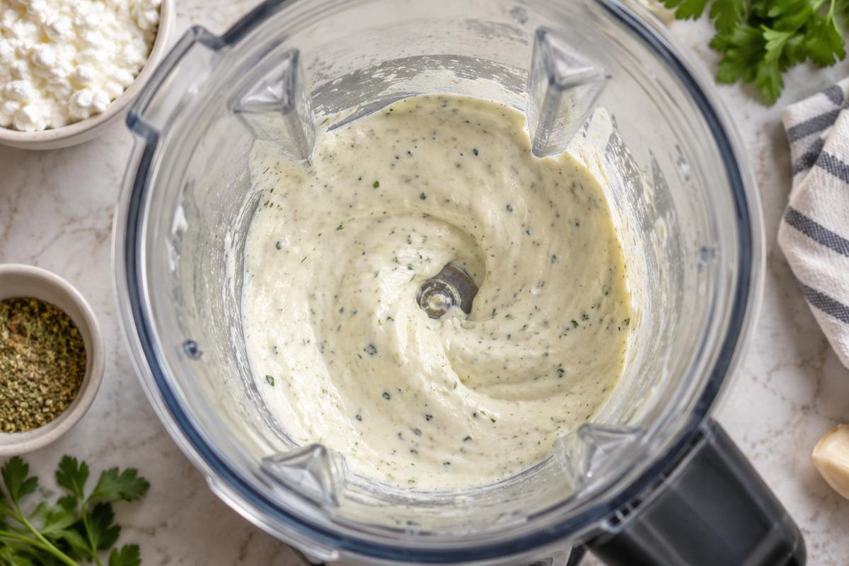 Creamy High Protein Low Carb Salad Dressing 2 High protein low carb salad dressing being blended in a clear blender jar, cottage cheese and ranch seasoning transformed into a pale creamy sauce with tiny green herb flecks, overhead kitchen counter view