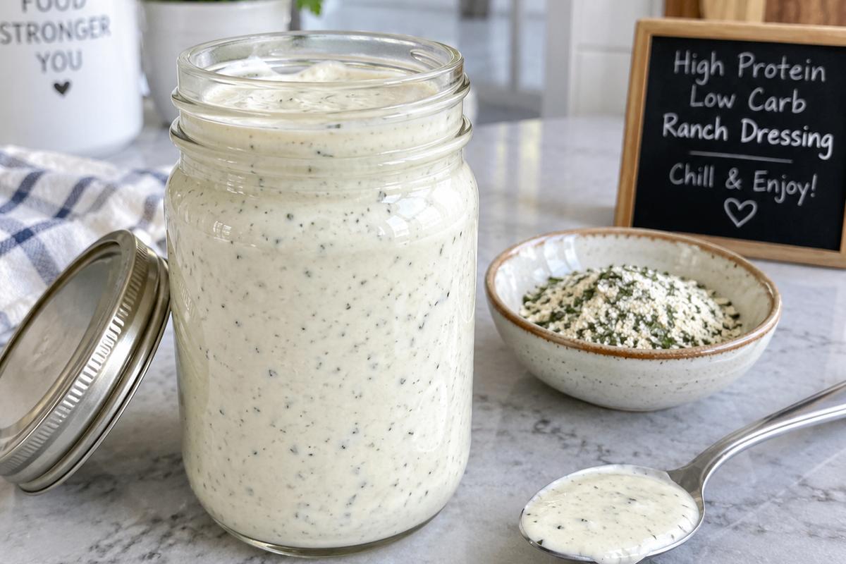 Creamy High Protein Low Carb Salad Dressing 3 A glass jar of freshly blended high protein low carb salad dressing with a fitted lid beside a small bowl of ranch seasoning and a spoon, shown ready to chill in a bright home kitchen