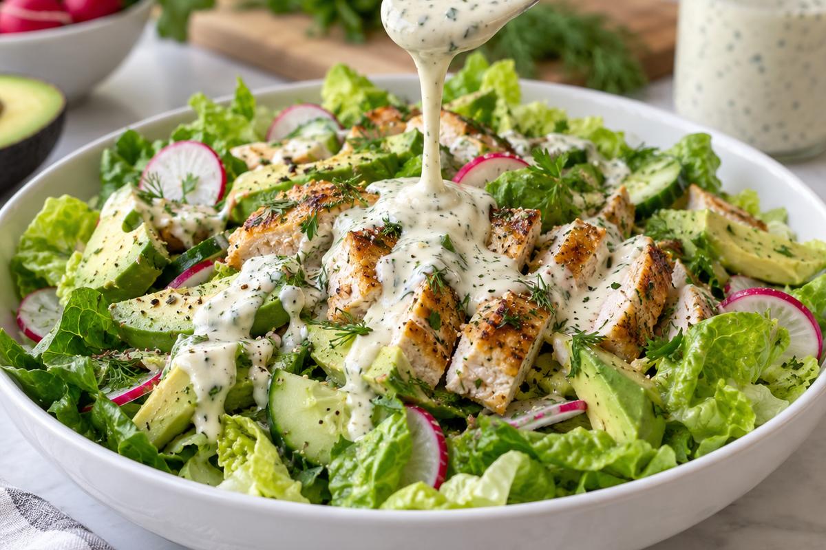 Creamy High Protein Low Carb Salad Dressing 4 High protein low carb salad dressing being drizzled from a spoon over a large crisp chicken salad with romaine, cucumber, avocado, radishes, and herbs, served in a shallow white bowl