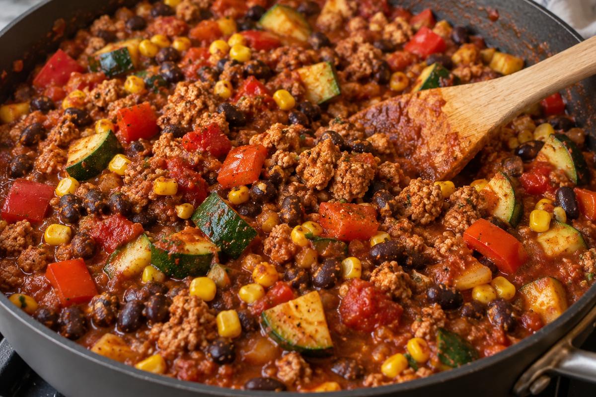 Low Calorie High Protein High Fiber Dinner: Smoky Turkey Bean Skillet 3 A low calorie high protein high fiber dinner simmering in a skillet, showing a thick smoky tomato sauce around ground turkey, black beans, corn, zucchini, and red bell pepper with a wooden spoon stirring