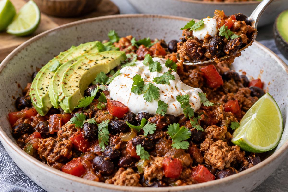 Low Calorie High Protein High Fiber Dinner: Smoky Turkey Bean Skillet 4 A plated low calorie high protein high fiber dinner being served in shallow bowls, with smoky turkey black bean skillet, Greek yogurt, cilantro, avocado, lime wedges, and a spoon lifting a hearty bite