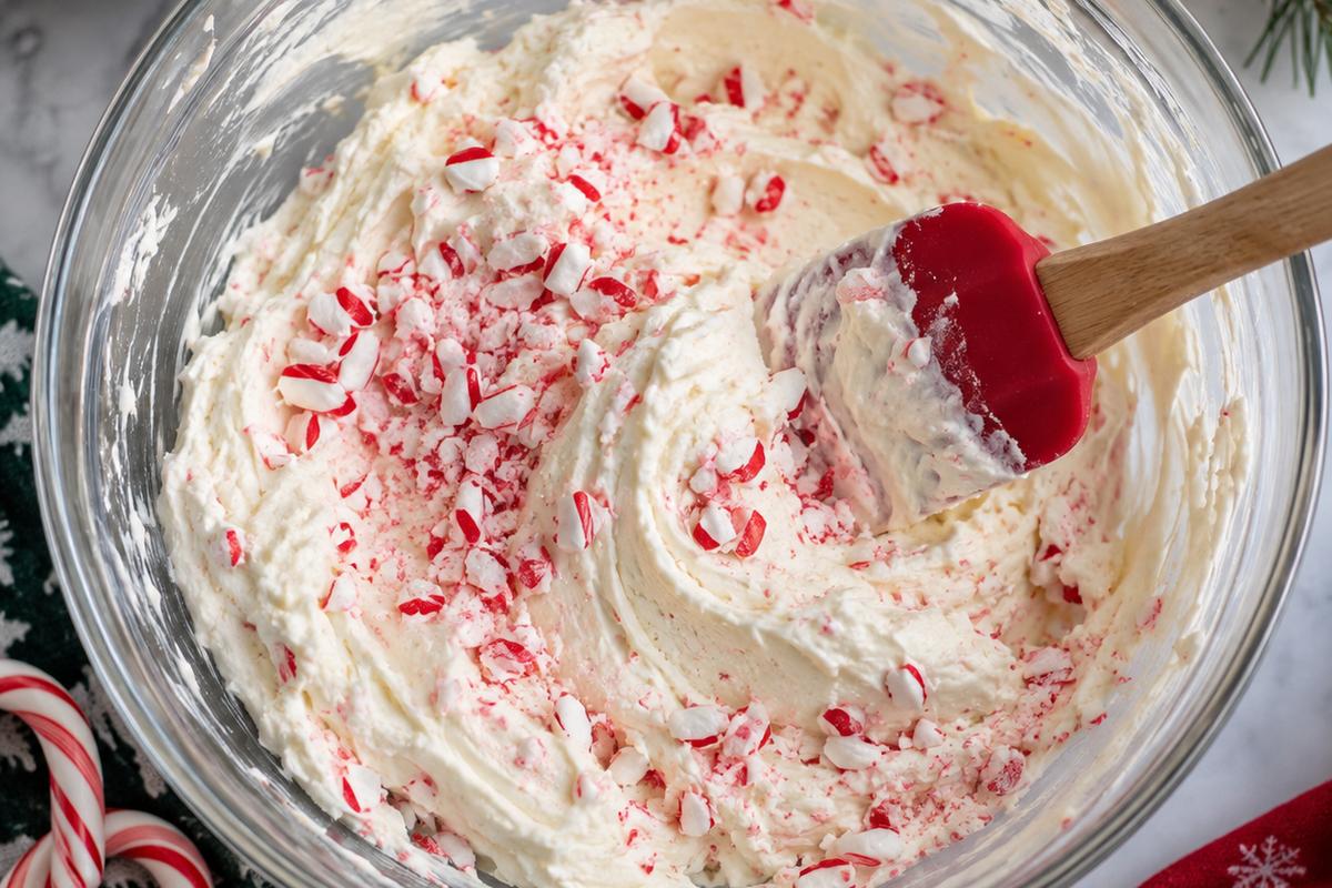 No Bake Desserts Christmas: Chocolate Peppermint Cheesecake Bites 2 Overhead view of no bake desserts christmas peppermint cheesecake filling in a glass mixing bowl, creamy white with red candy cane pieces being folded in with a silicone spatula