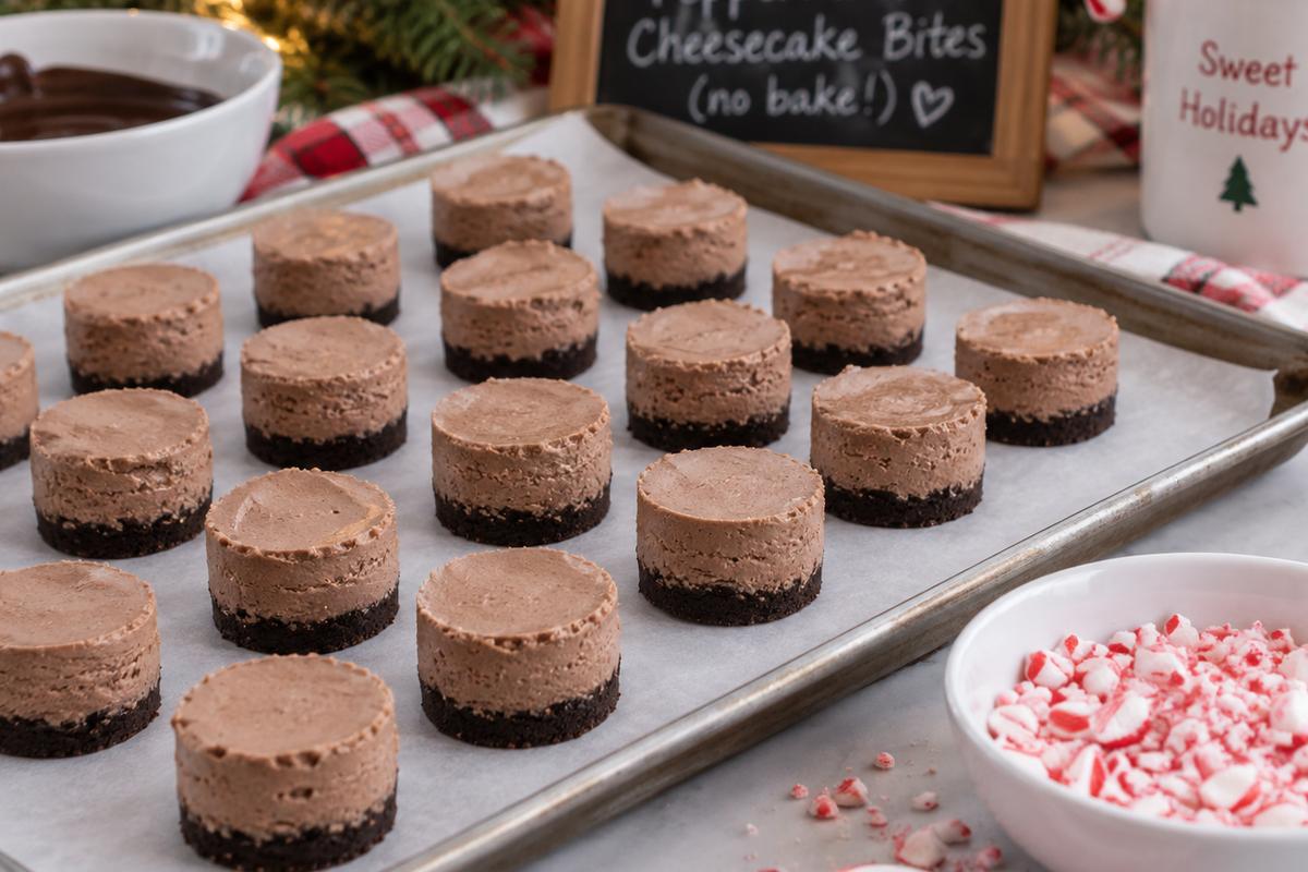 No Bake Desserts Christmas: Chocolate Peppermint Cheesecake Bites 3 A parchment-lined baking sheet holding neat rows of round no bake desserts christmas chocolate peppermint cheesecake bites before dipping, with a small bowl of crushed candy canes nearby