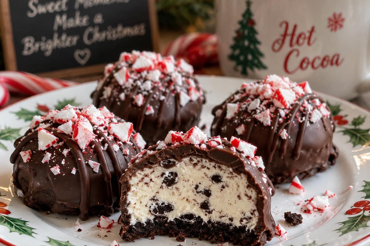 No Bake Desserts Christmas: Chocolate Peppermint Cheesecake Bites 4 Close-up serving scene of no bake desserts christmas chocolate peppermint cheesecake bites on a white holiday dessert plate, one bite cut open to show the creamy cookie-speckled center, with hot cocoa in the background