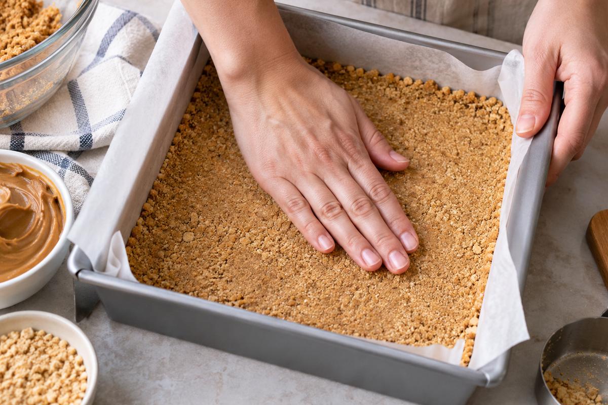 No Bake Desserts Recipes: Chocolate Peanut Butter Bars 2 A process photograph for no bake desserts recipes showing hands pressing a buttery graham cracker and peanut butter crumb mixture firmly into a parchment-lined square pan, with the base level and even