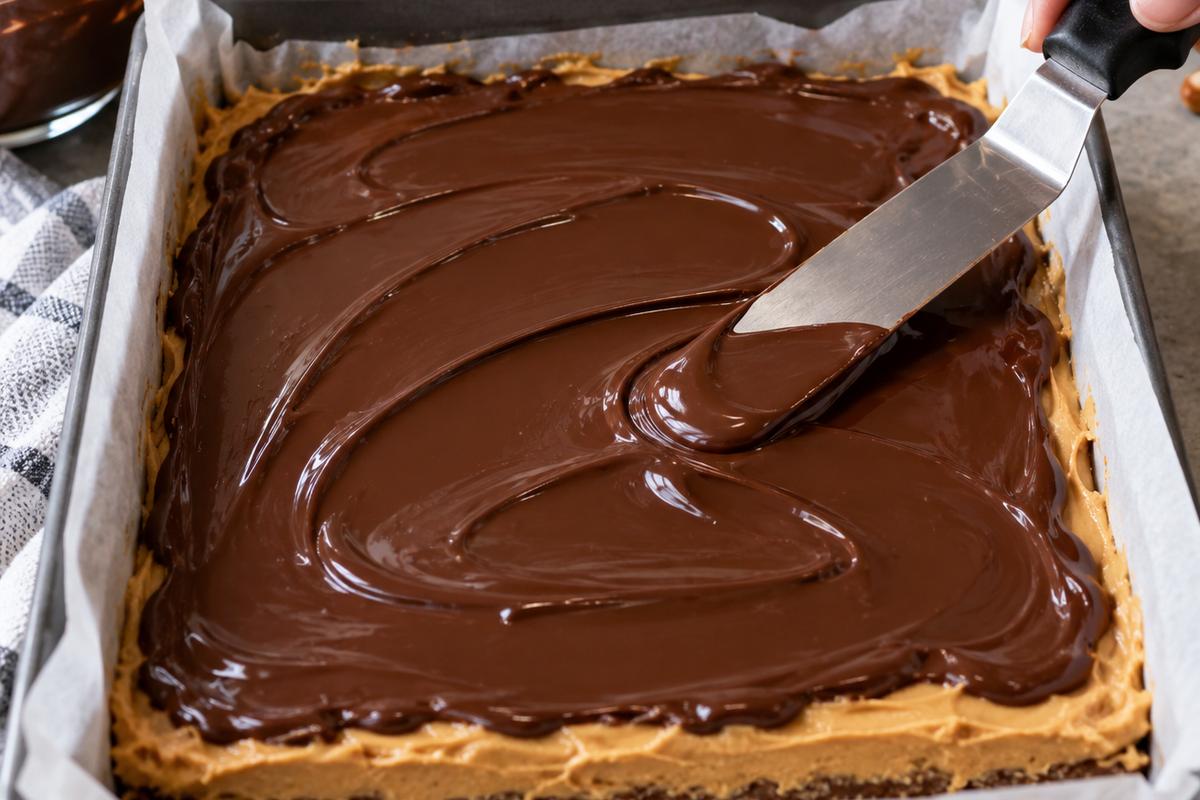 No Bake Desserts Recipes: Chocolate Peanut Butter Bars 3 A process photograph for no bake desserts recipes showing glossy melted chocolate being spread over a creamy peanut butter layer in a square pan, with an offset spatula creating smooth swirls