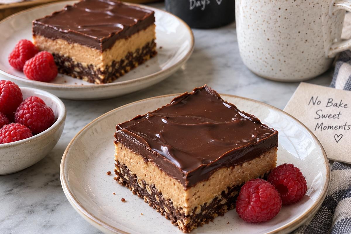 No Bake Desserts Recipes: Chocolate Peanut Butter Bars 4 A serving scene for no bake desserts recipes showing two chilled chocolate peanut butter bars on small dessert plates beside fresh raspberries and a cup of coffee, with distinct layered squares and a glossy chocolate finish