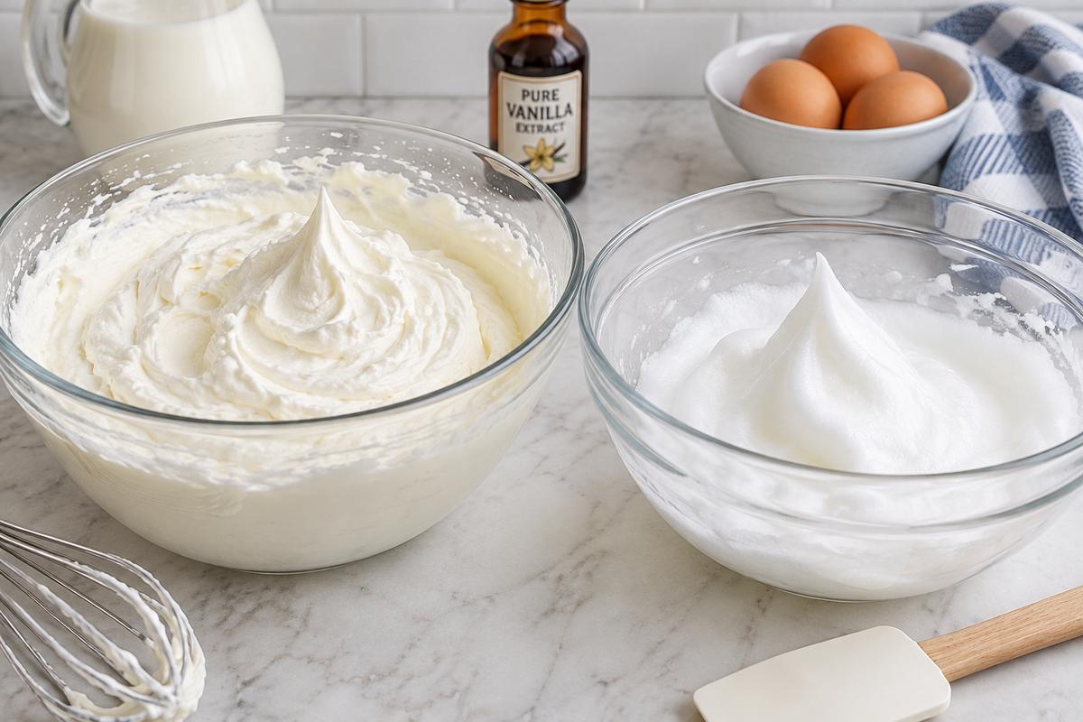 No Churn Ice Cream No Condensed Milk (Easy Vanilla Recipe) 2 A glass mixing bowl of whipped cream with firm peaks beside a bowl of glossy whipped egg white, showing the airy base for no churn ice cream no condensed milk on a bright kitchen worktop