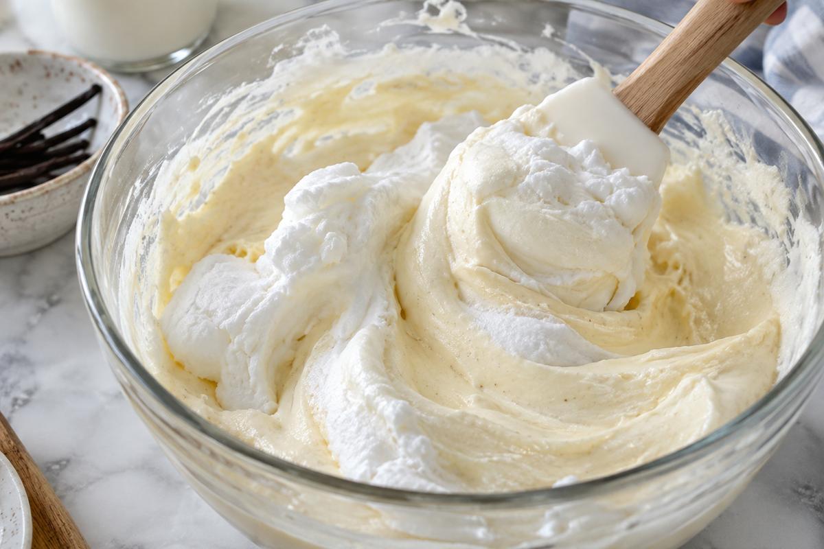 No Churn Ice Cream No Condensed Milk (Easy Vanilla Recipe) 3 A spatula gently folding fluffy egg white into vanilla cream in a bowl, with pale airy swirls clearly visible for no churn ice cream no condensed milk