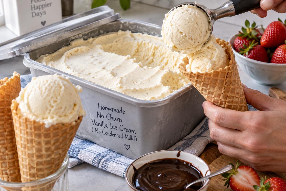 No Churn Ice Cream No Condensed Milk (Easy Vanilla Recipe) 4 A serving of vanilla no churn ice cream no condensed milk being scooped from a covered freezer container into crisp waffle cones, with strawberries and chocolate sauce nearby