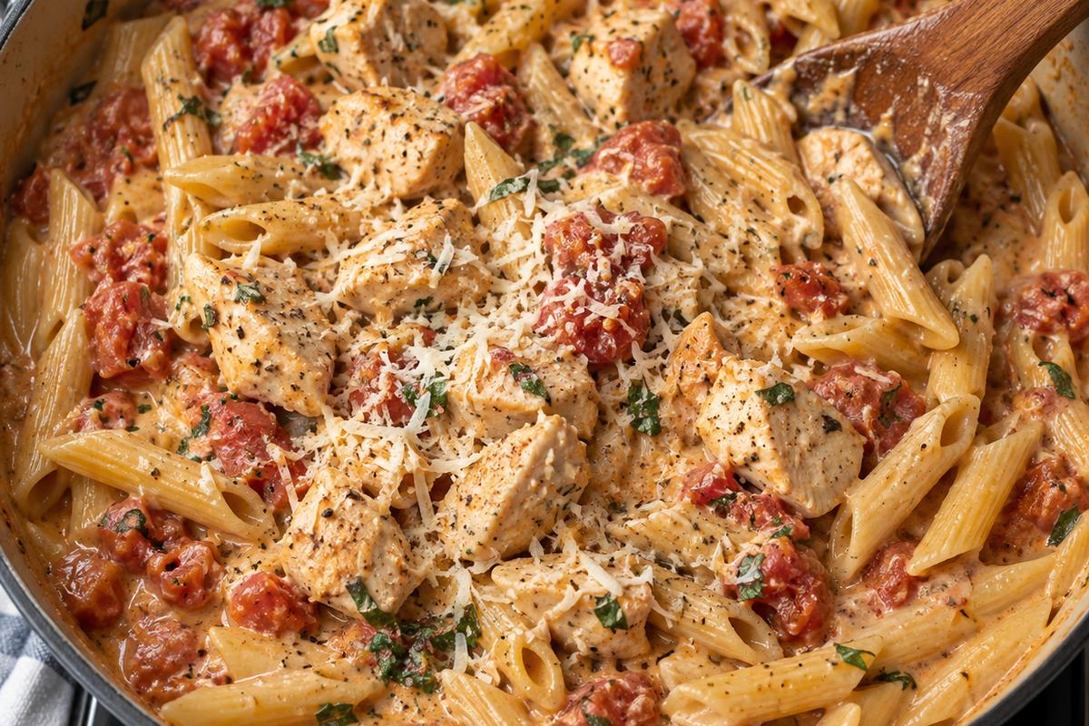 One Pot Creamy Chicken Pasta with Tomatoes and Parmesan 2 Close overhead view of one pot creamy chicken pasta cooking in a deep skillet, with penne, cubed chicken, diced tomatoes, and creamy broth being stirred with a wooden spoon