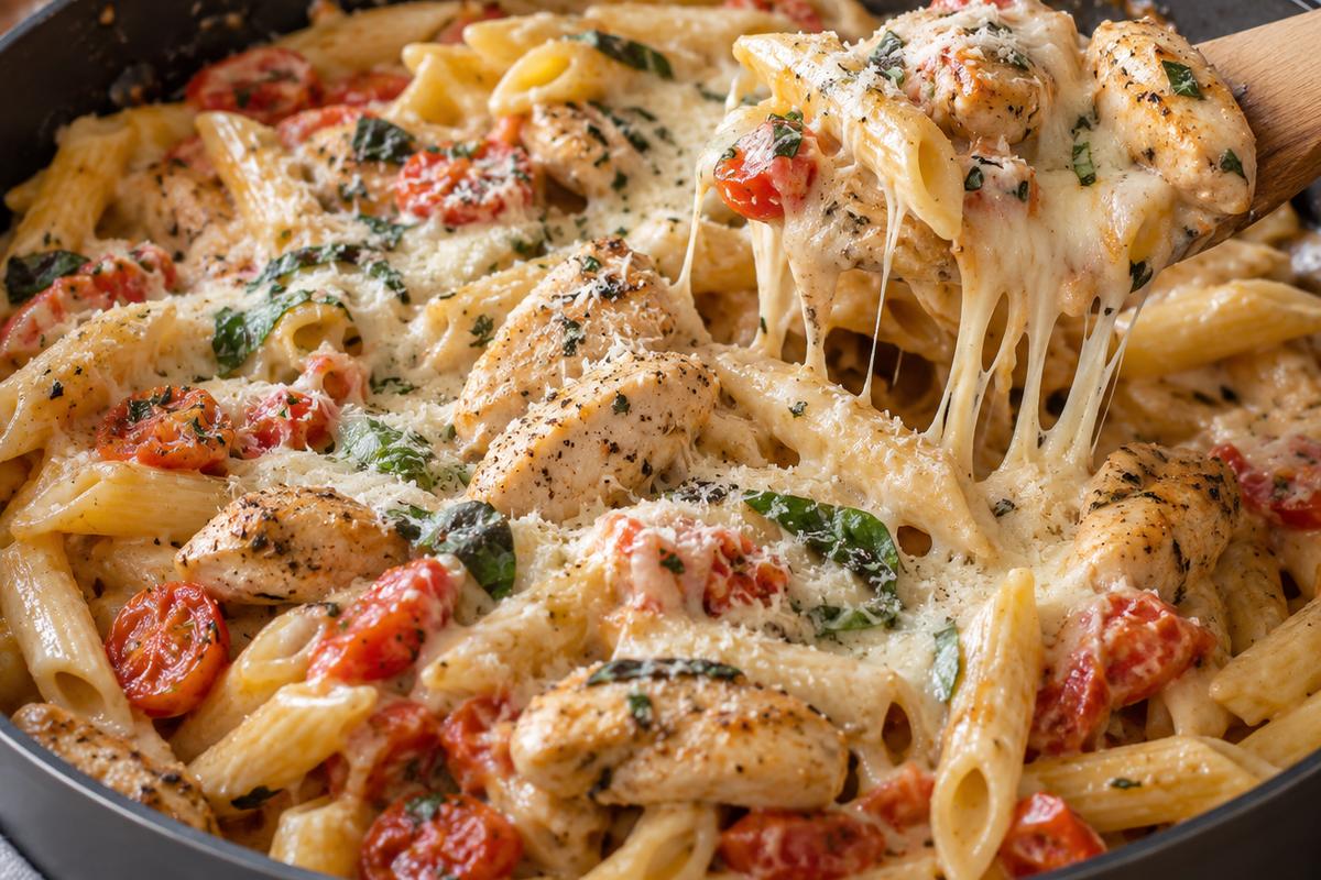 One Pot Creamy Chicken Pasta with Tomatoes and Parmesan 3 One pot creamy chicken pasta in a skillet just after mozzarella and Parmesan have melted, with glossy creamy sauce stretching between penne and chicken pieces