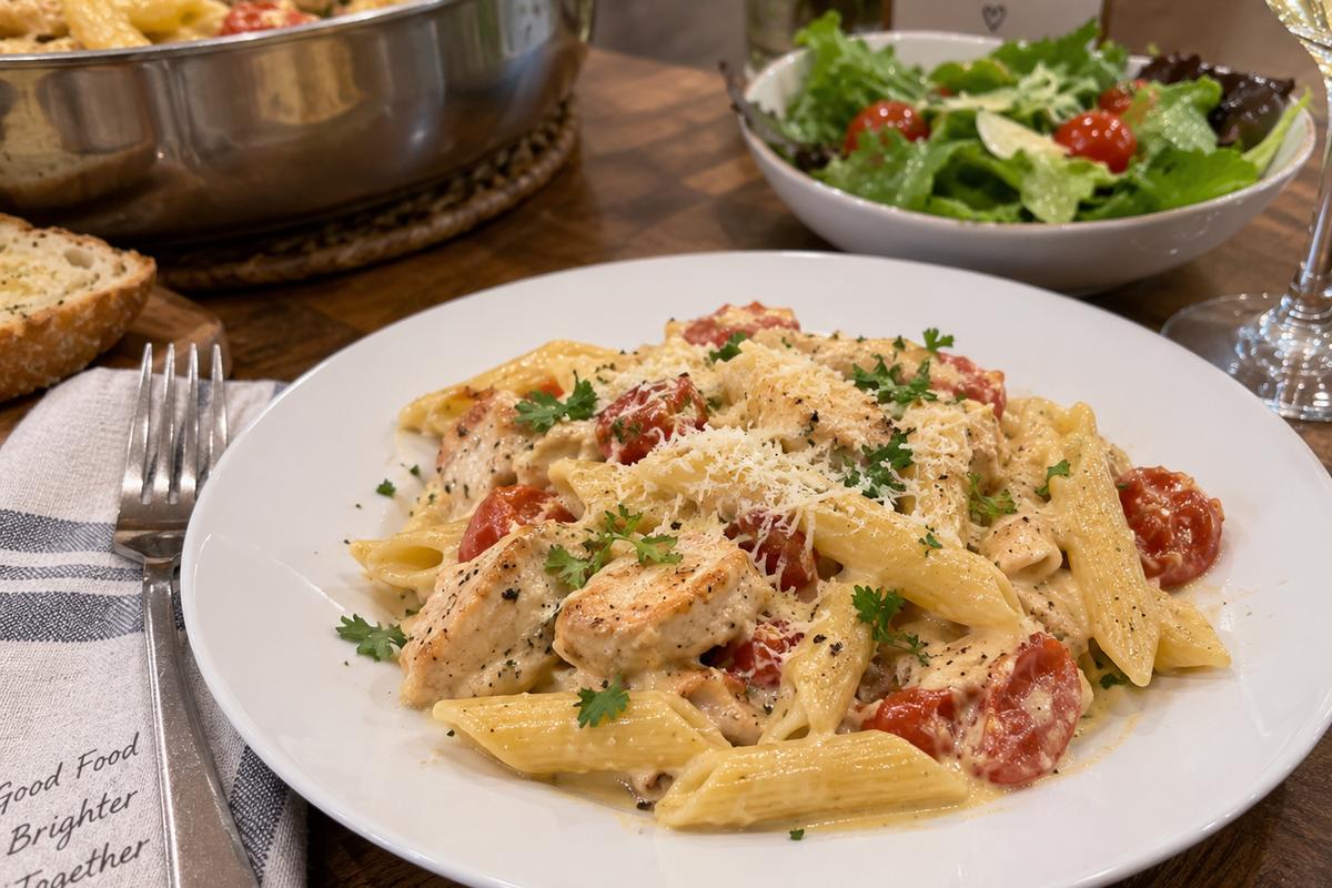 One Pot Creamy Chicken Pasta with Tomatoes and Parmesan 4 A plated serving of one pot creamy chicken pasta twirled on a white dinner plate, with creamy penne, chicken, tomatoes, melted cheese, parsley, and a side salad being served at the table