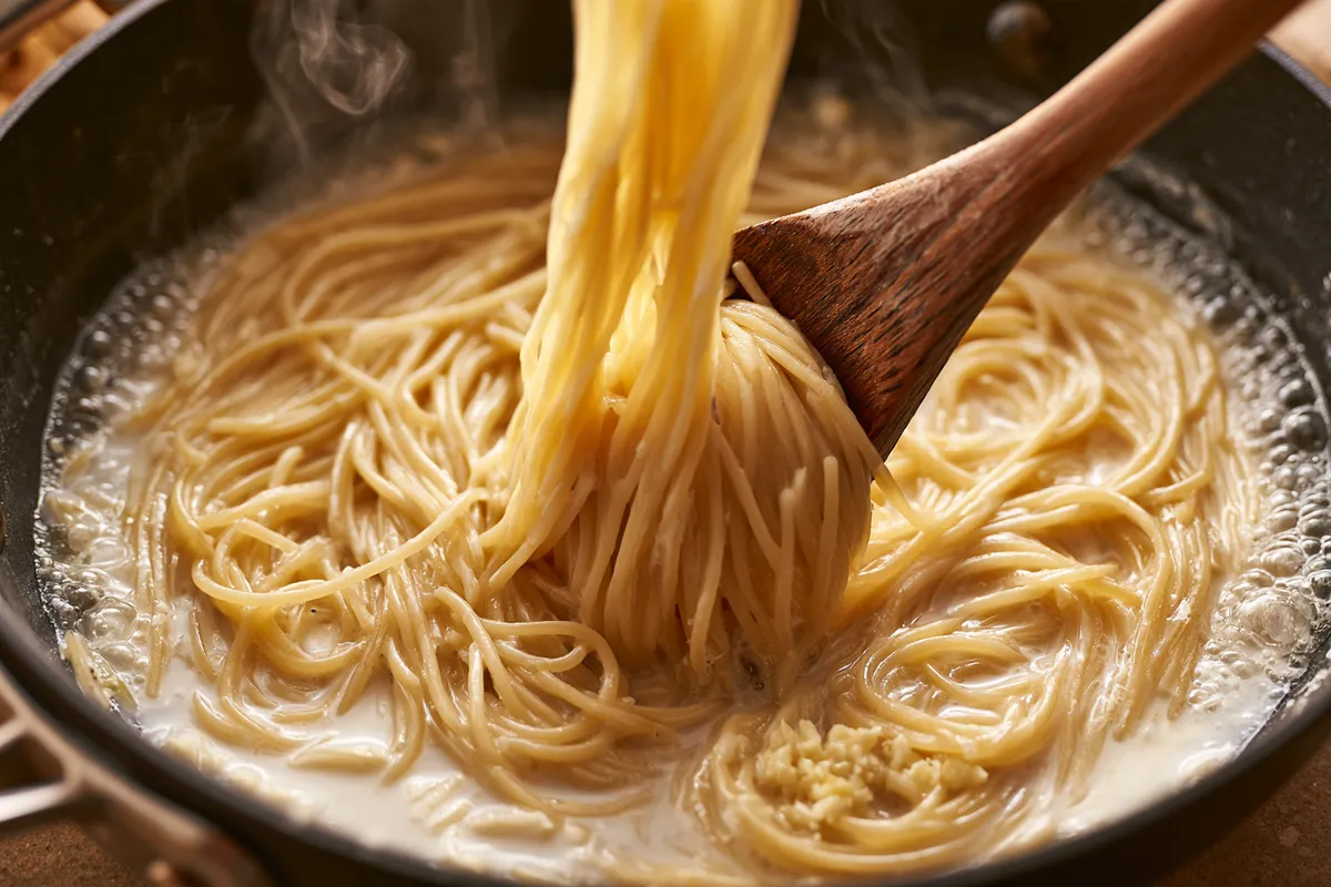 One Pot Creamy Garlic Pasta with Parmesan 2 One pot creamy garlic pasta at the beginning of cooking in a deep skillet, dry spaghetti softening in milk and water with minced garlic visible, a wooden spoon lifting and separating the noodles