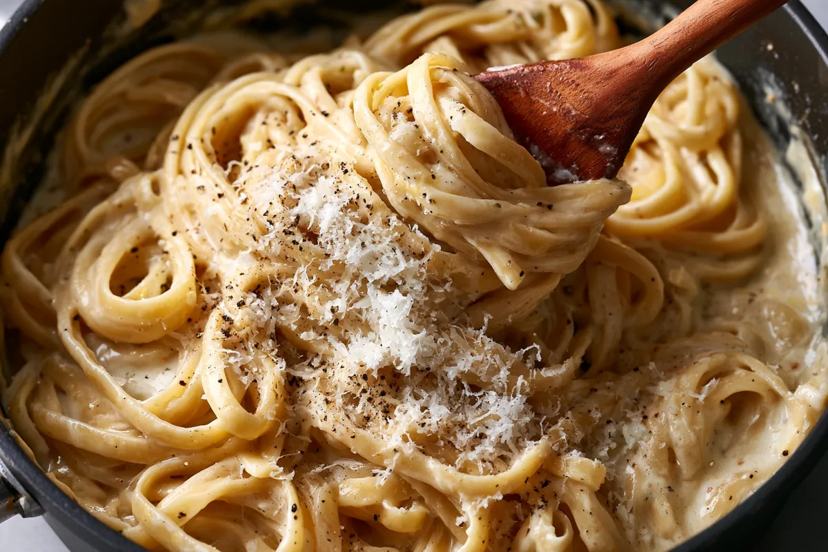 One Pot Creamy Garlic Pasta with Parmesan 3 One pot creamy garlic pasta near the end of cooking, creamy Parmesan garlic sauce clinging to tender noodles as grated Parmesan is stirred into a deep skillet