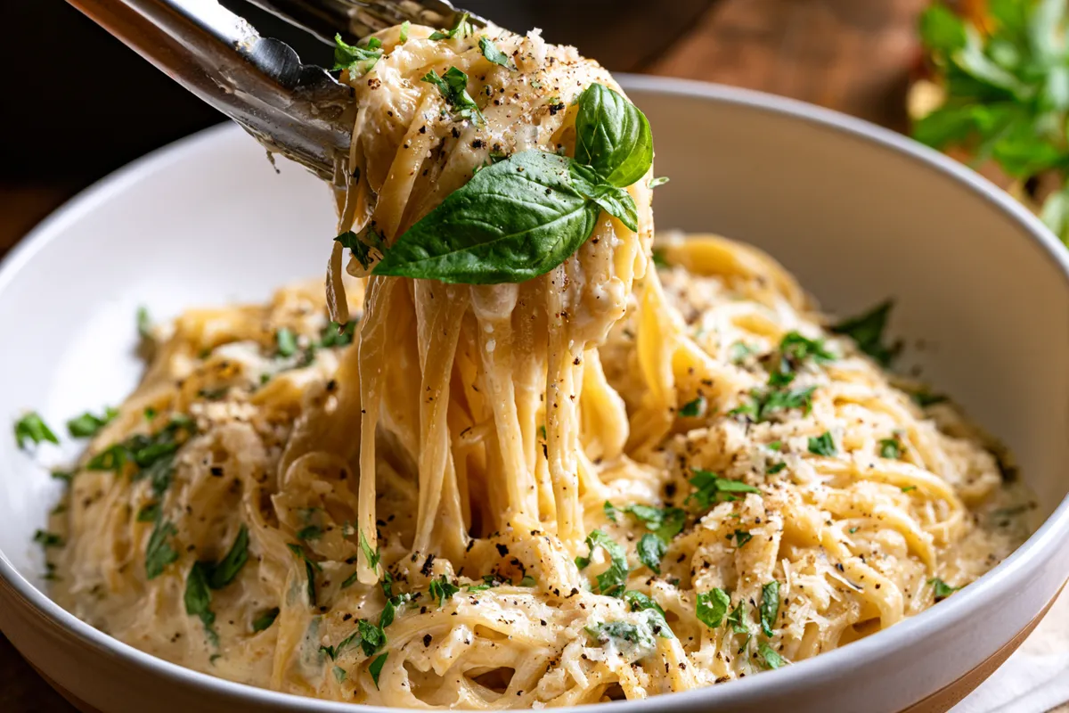 One Pot Creamy Garlic Pasta with Parmesan 4 One pot creamy garlic pasta plated in a shallow white bowl and being served with tongs, creamy garlic Parmesan noodles topped with basil, parsley, cracked black pepper, and extra cheese