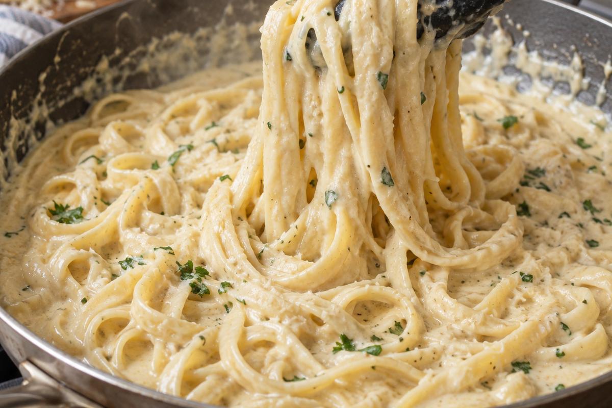 One Pot Garlic Parmesan Pasta 3 One pot garlic parmesan pasta near the end of cooking, with tender fettuccine being lifted by tongs through a thick creamy Parmesan sauce in the same skillet