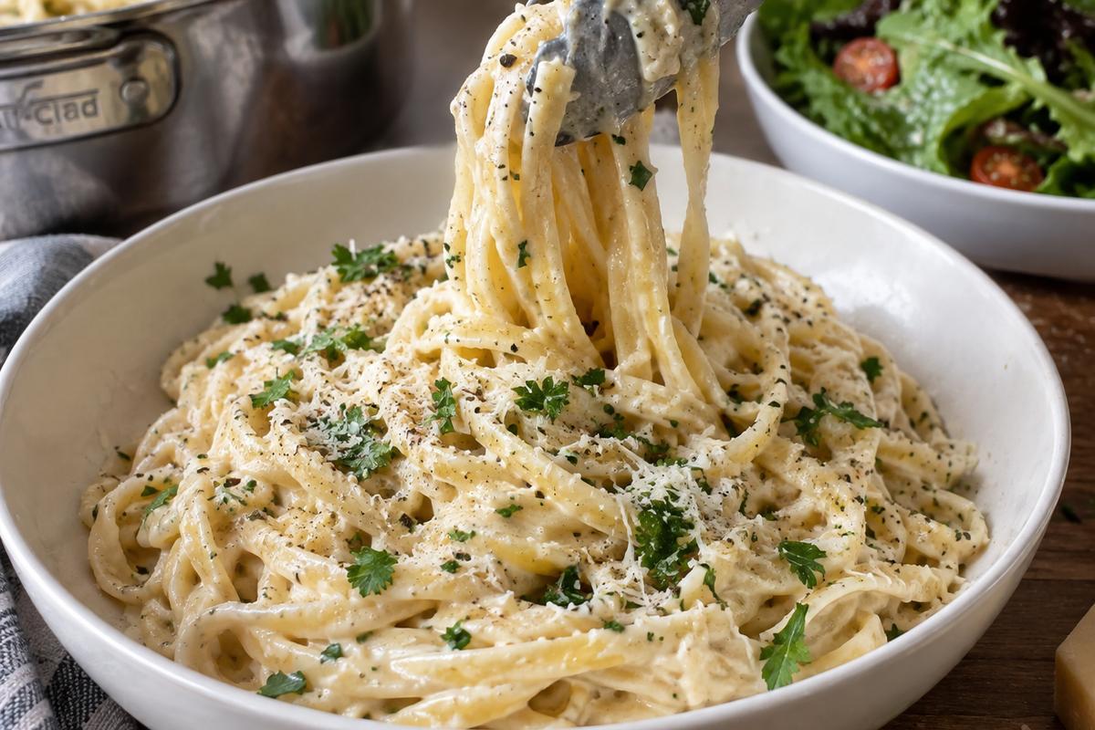 One Pot Garlic Parmesan Pasta 4 One pot garlic parmesan pasta plated in a shallow white bowl and being served with tongs, topped with fresh parsley, grated Parmesan, and black pepper, with a simple green salad beside it