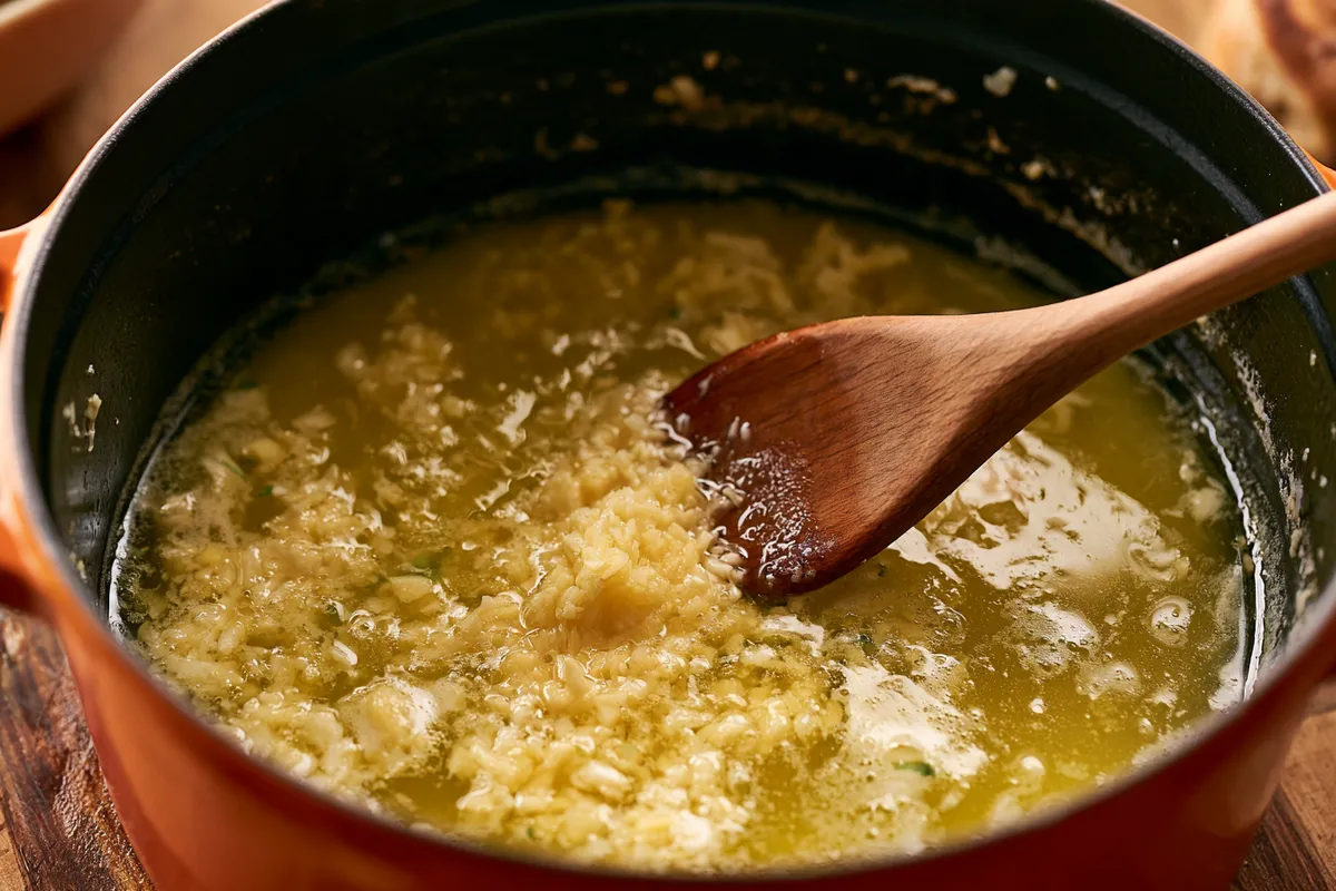 Creamy One Pot Mediterranean Pasta with Chicken, Lemon, and Olives 2 Close-up cooking photograph of one pot Mediterranean pasta at the garlic stage, with melted butter and minced garlic sizzling in a Dutch oven after browned chicken has been removed, wooden spoon stirring