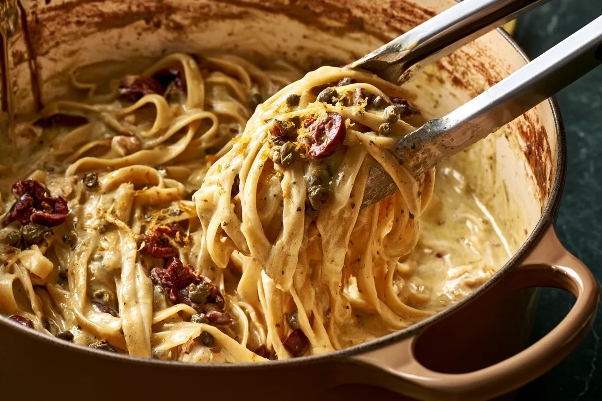 Creamy One Pot Mediterranean Pasta with Chicken, Lemon, and Olives 3 Side-angle cooking photograph of one pot Mediterranean pasta simmering in a Dutch oven, creamy fettuccine being lifted with tongs among capers, halved Kalamata olives, lemon zest, and thick glossy sauce