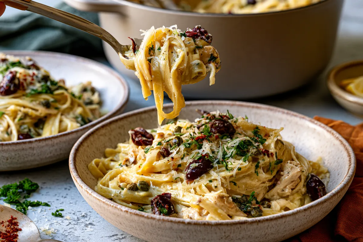 Creamy One Pot Mediterranean Pasta with Chicken, Lemon, and Olives 4 Inviting dinner-table photograph of one pot Mediterranean pasta plated in shallow bowls, creamy lemon fettuccine with chicken, capers, Kalamata olives, Parmesan, and parsley, with a serving spoon lifting a portion from the Dutch oven in the background