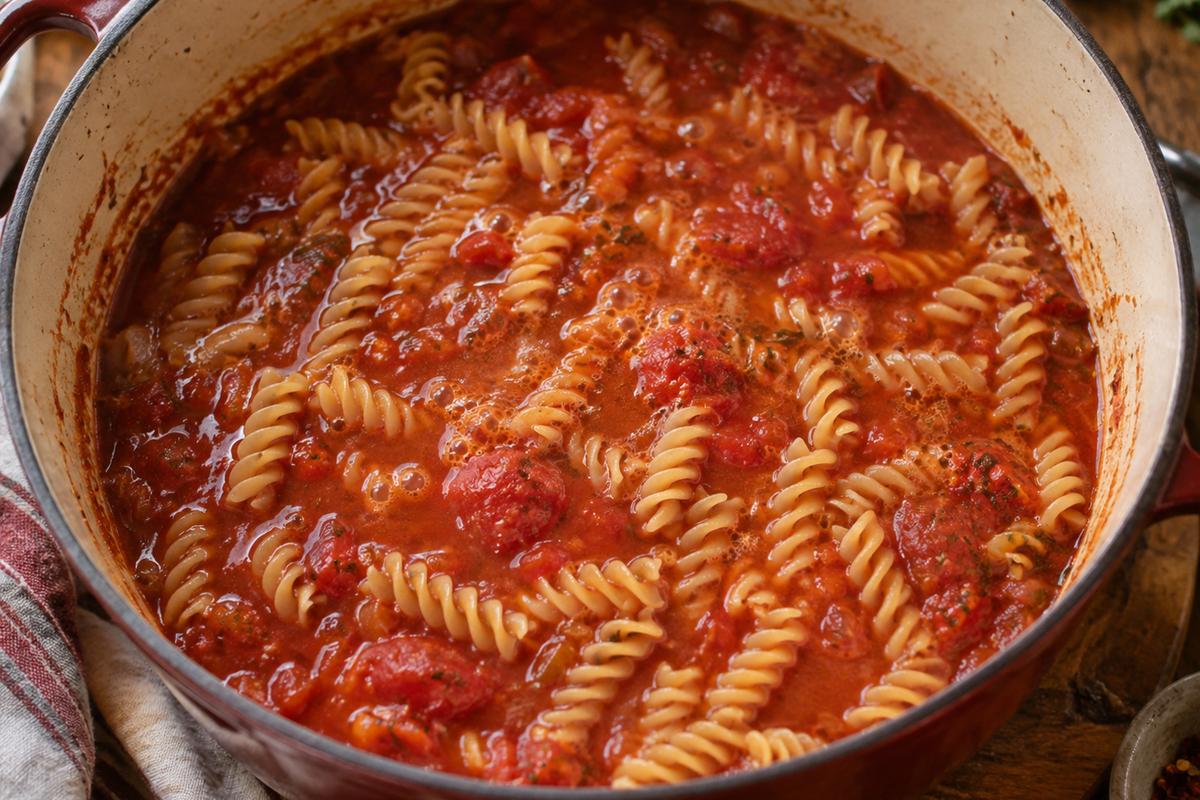 Creamy Tomato One Pot Pasta Recipes with Ricotta 2 Close overhead view of one pot pasta recipes at the tomato broth stage in a Dutch oven, diced tomatoes and red sauce bubbling around uncooked fusilli after the seasonings have been stirred in