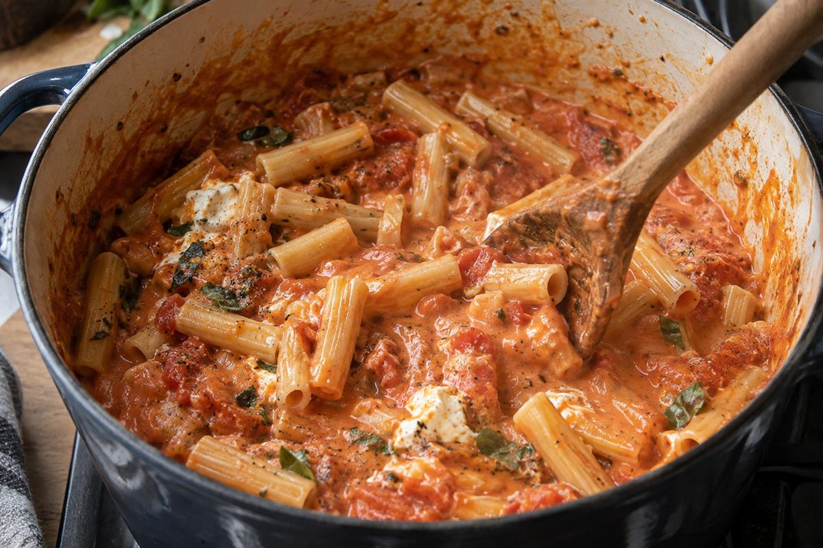 Creamy Tomato One Pot Pasta Recipes with Ricotta 3 A wooden spoon stirring one pot pasta recipes midway through cooking, short pasta visibly softening in thickening tomato sauce inside a wide Dutch oven
