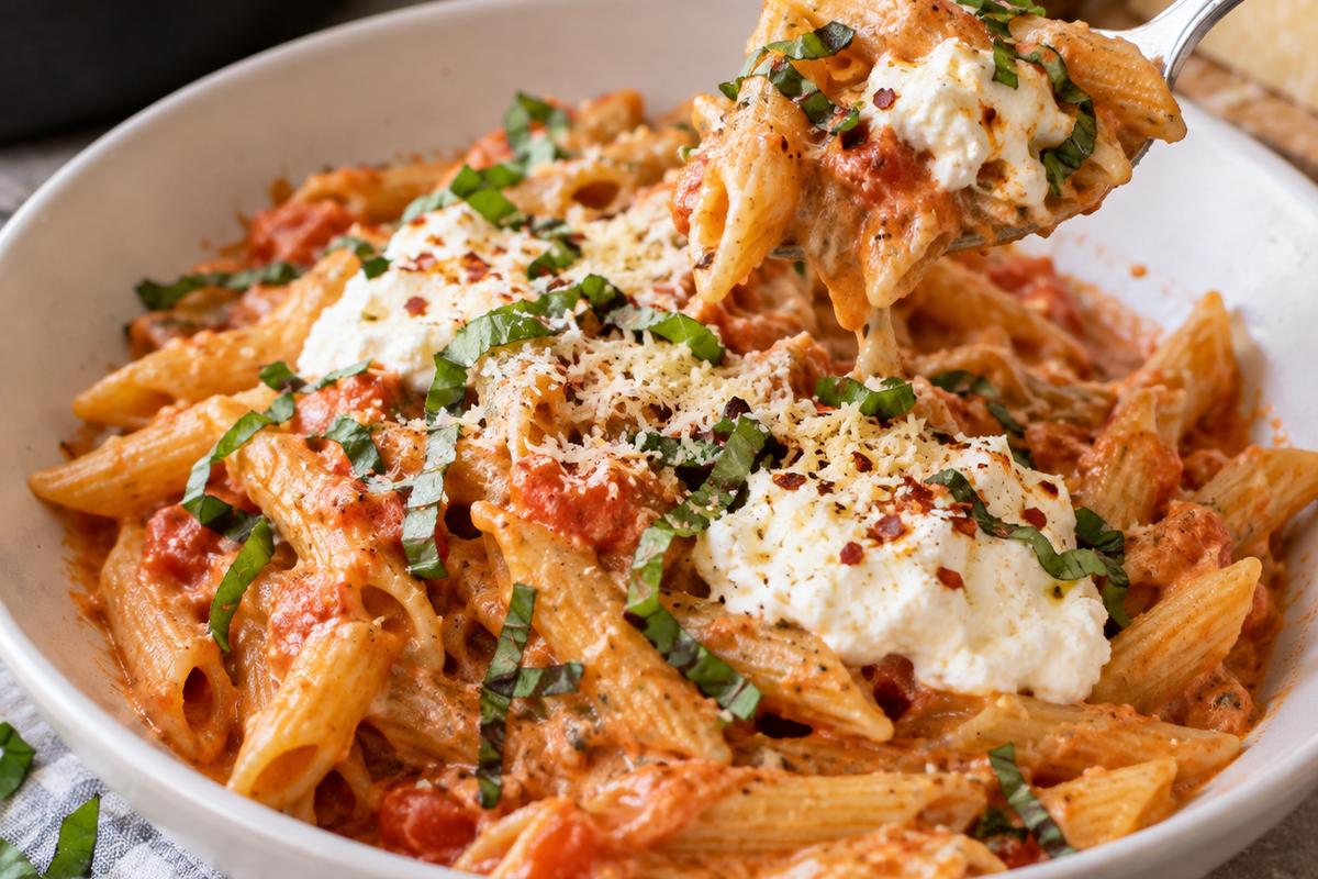 Creamy Tomato One Pot Pasta Recipes with Ricotta 4 A plated serving of one pot pasta recipes in a shallow white bowl, creamy tomato-coated penne topped with ricotta, grated Parmesan, basil ribbons, and chili flakes, with a spoon lifting a portion