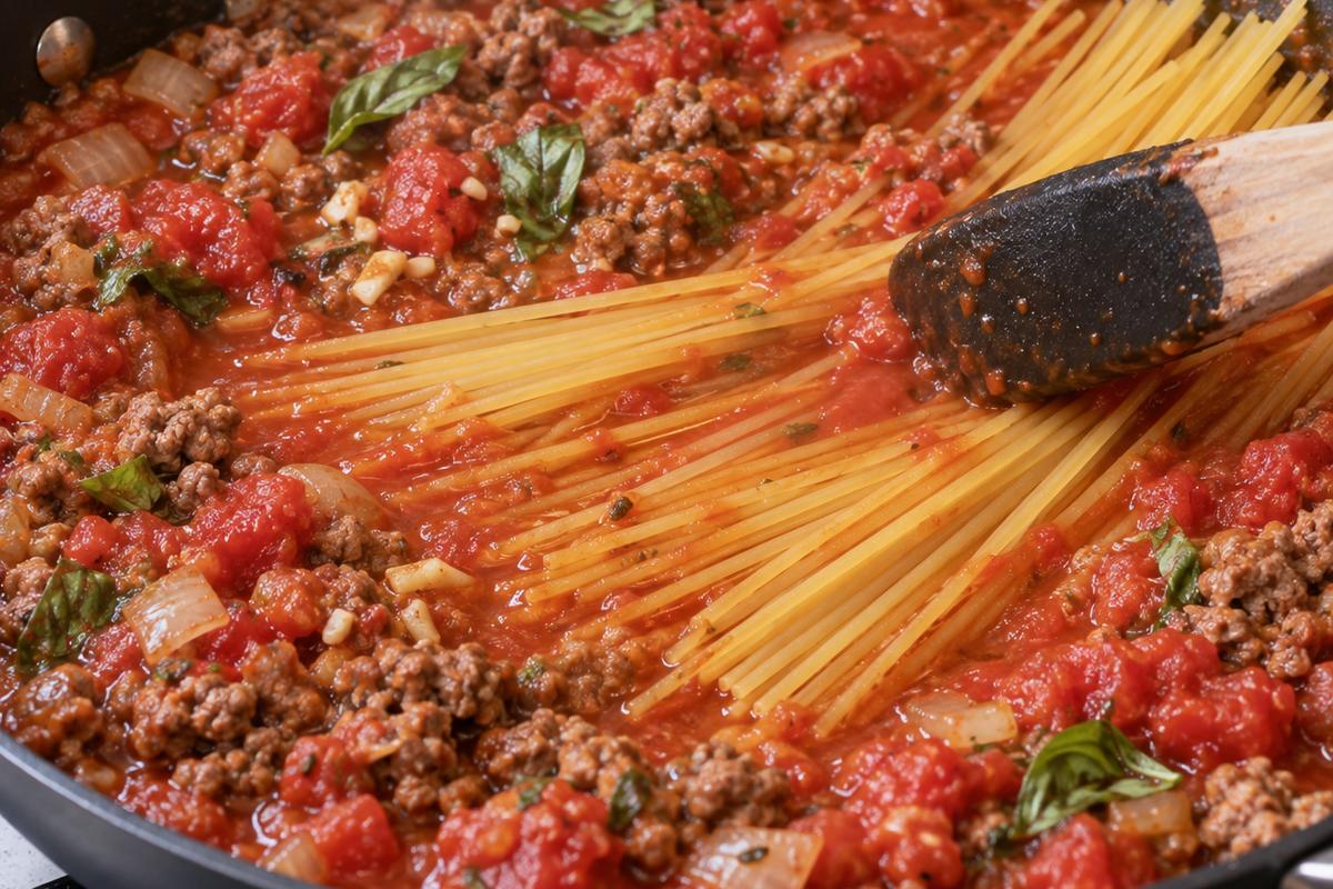 Pasta with Ground Beef Tomato Sauce (One-Skillet Dinner) 2 Close view of pasta with ground beef tomato sauce cooking in a deep skillet, uncooked spaghetti strands being pressed into crushed tomato sauce with browned ground beef, onion, garlic, and basil