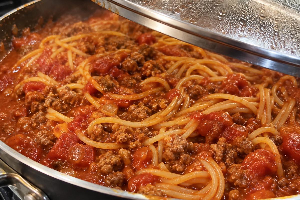 Pasta with Ground Beef Tomato Sauce (One-Skillet Dinner) 3 Pasta with ground beef tomato sauce simmering under a partially lifted skillet lid, with softened spaghetti, rich red tomato sauce, and crumbled beef visible around the edges