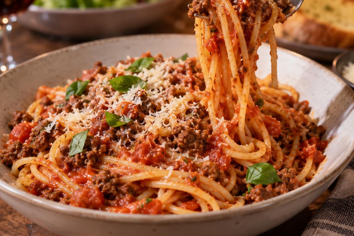 Pasta with Ground Beef Tomato Sauce (One-Skillet Dinner) 4 A plated bowl of pasta with ground beef tomato sauce being served at a dinner table, topped with grated Parmesan and fresh basil, with a fork lifting saucy spaghetti and beef crumbles