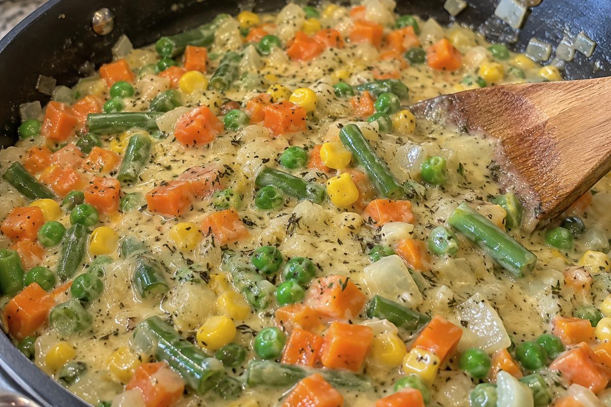 Creamy Chicken Pot Pie Pasta Recipe 2 Pot pie pasta recipe sauce base in a deep skillet, softened diced onion, garlic, peas, carrots, corn, and green beans glistening in butter with dried thyme, close-up cooking view