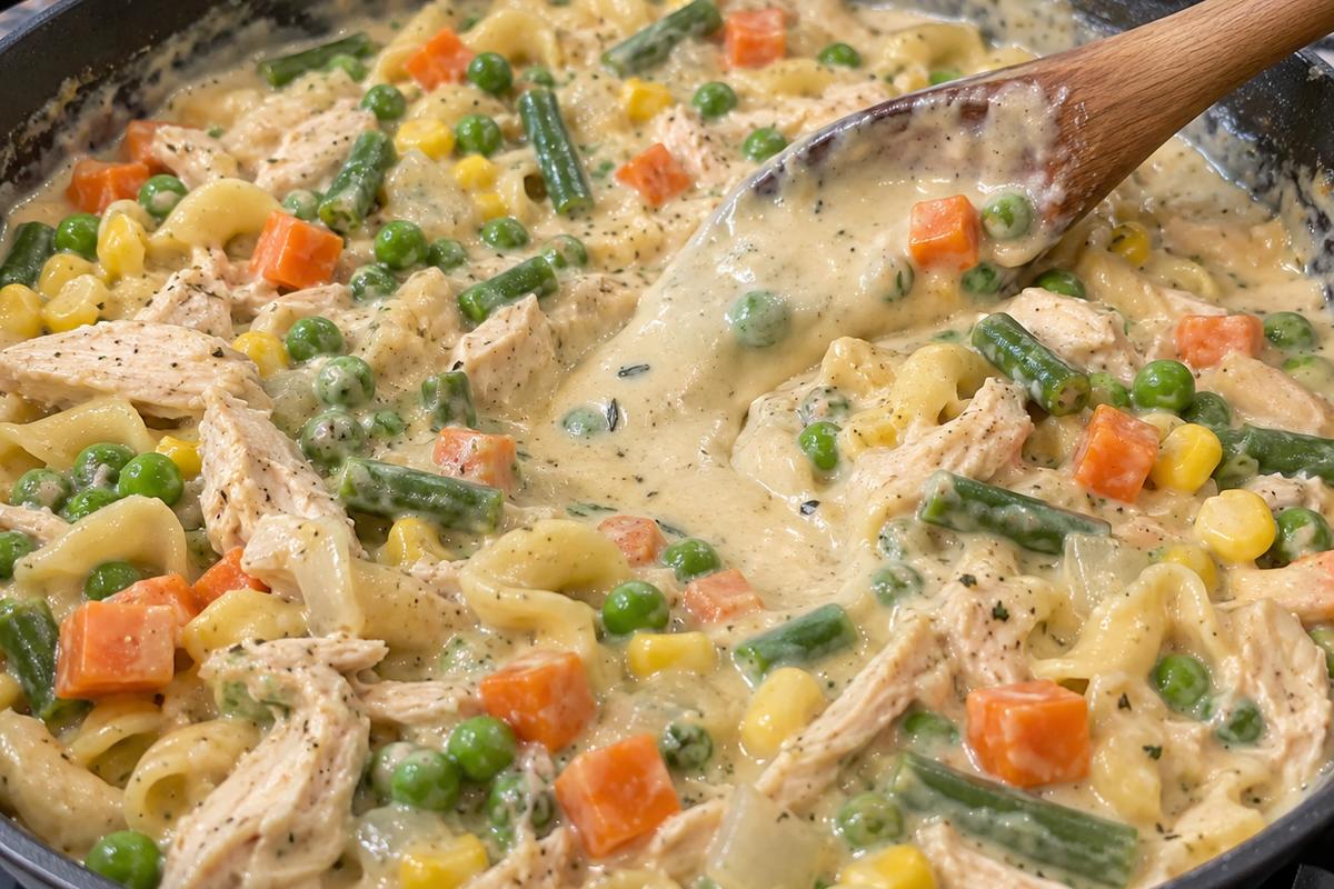 Creamy Chicken Pot Pie Pasta Recipe 3 Pot pie pasta recipe creamy sauce simmering in a skillet around peas, carrots, corn, onions, and green beans, wooden spoon drawing a thick trail through the sauce