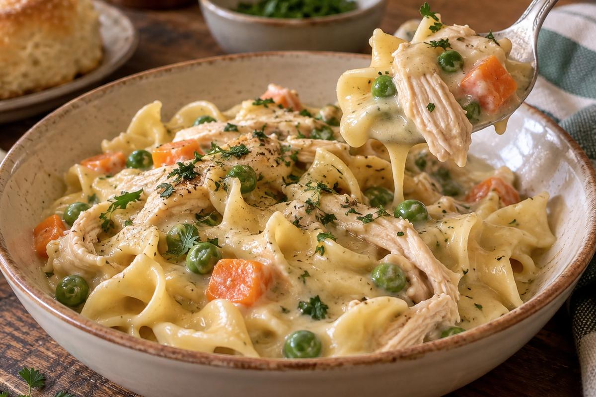 Creamy Chicken Pot Pie Pasta Recipe 4 Individual serving of creamy chicken pot pie pasta recipe in a shallow ceramic bowl, egg noodles with shredded chicken and mixed vegetables topped with parsley, spoon lifting a saucy bite, rustic dinner table